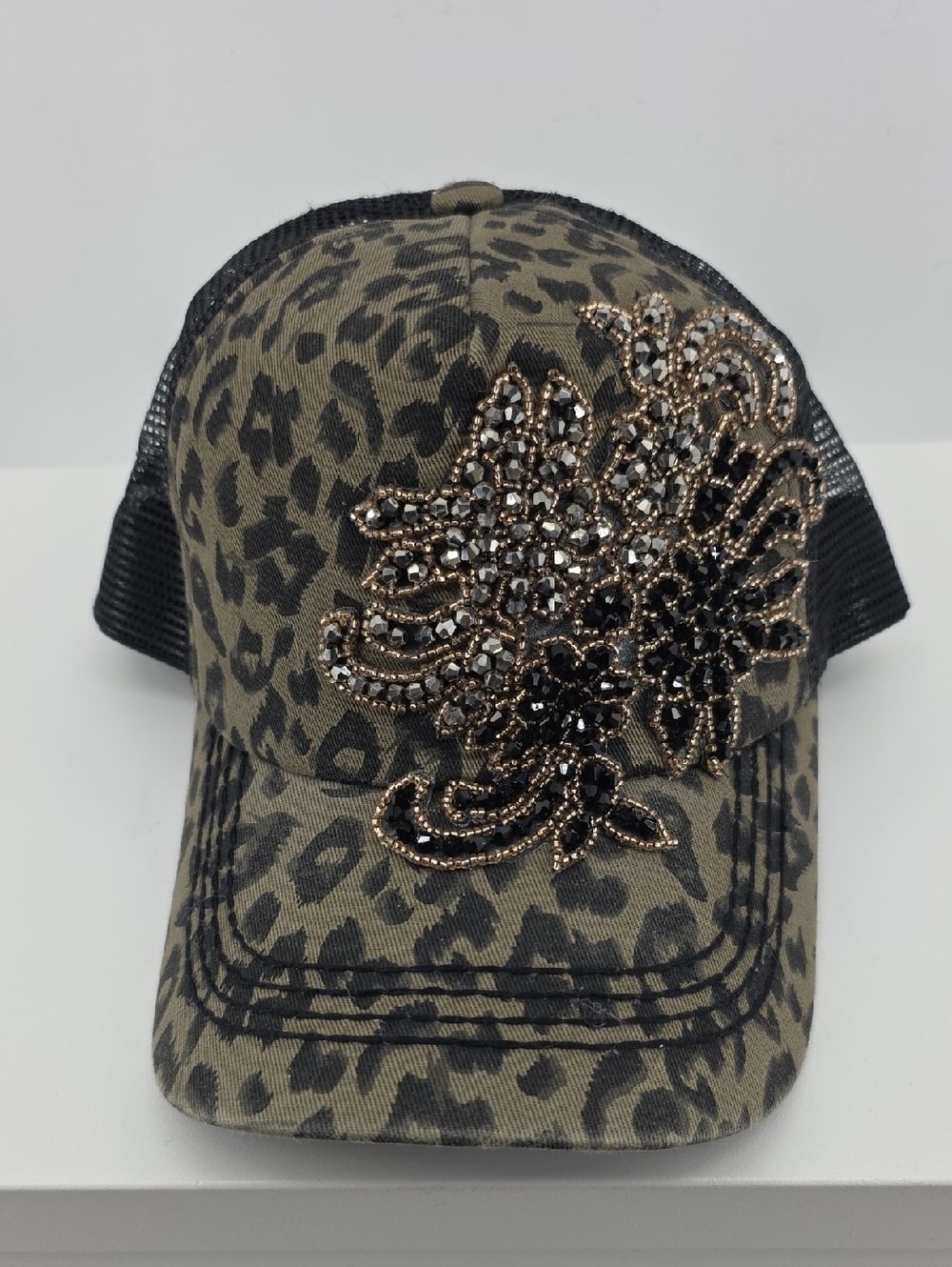 Buckle Tan & Black Leopard Jeweled Trucker Hat